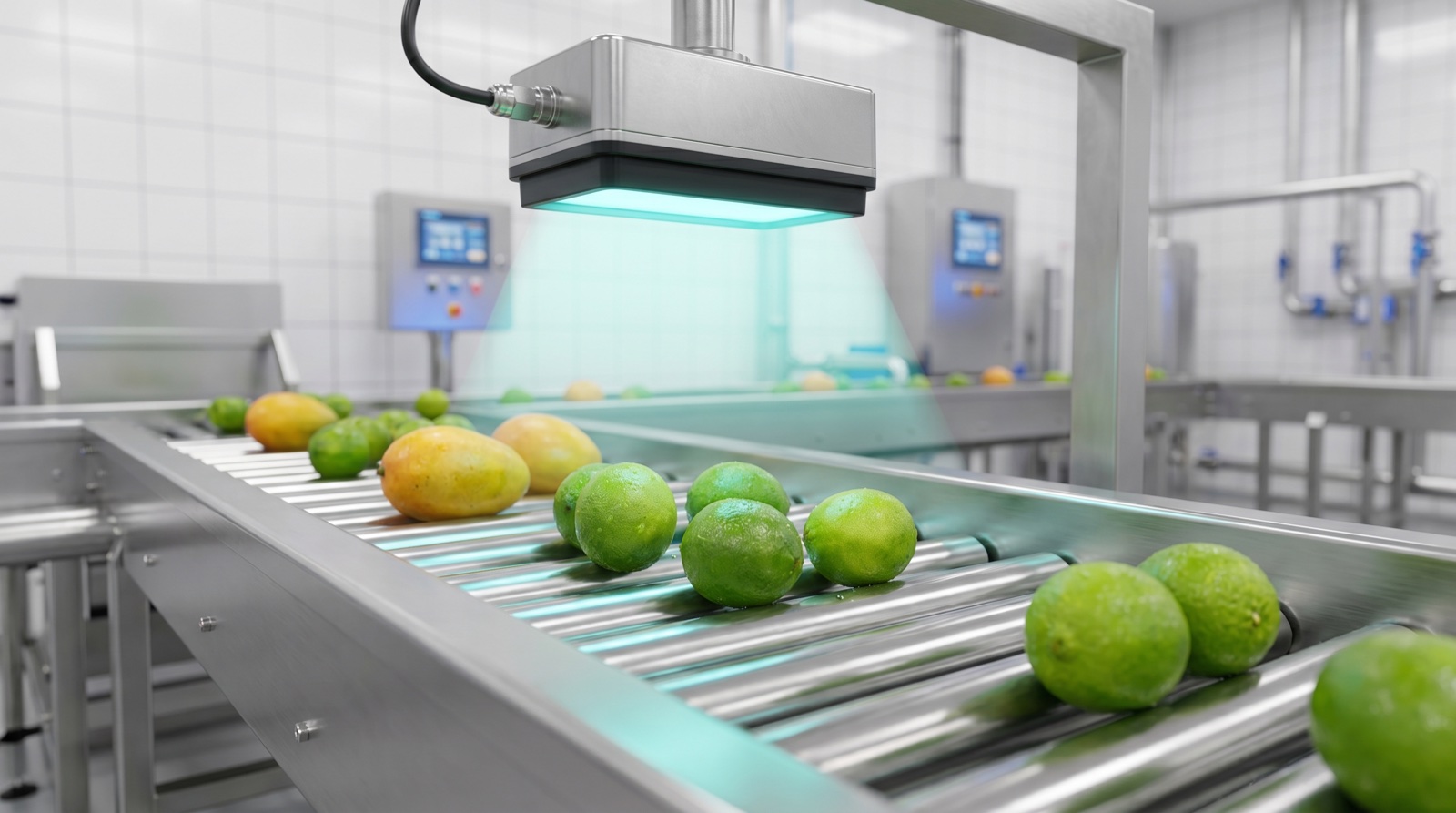 Fresh produce on a sorting conveyor under a vision camera