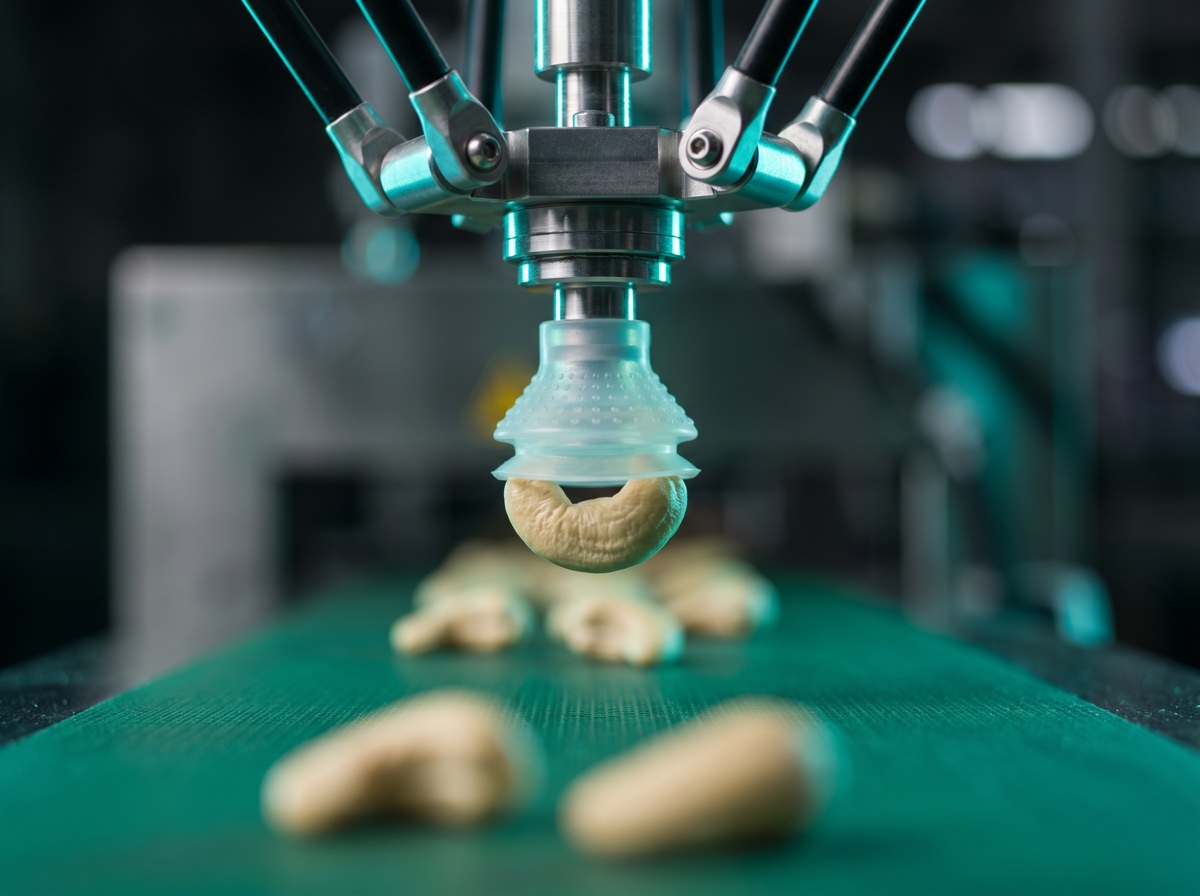 Delta robot gripper picking a single cashew kernel