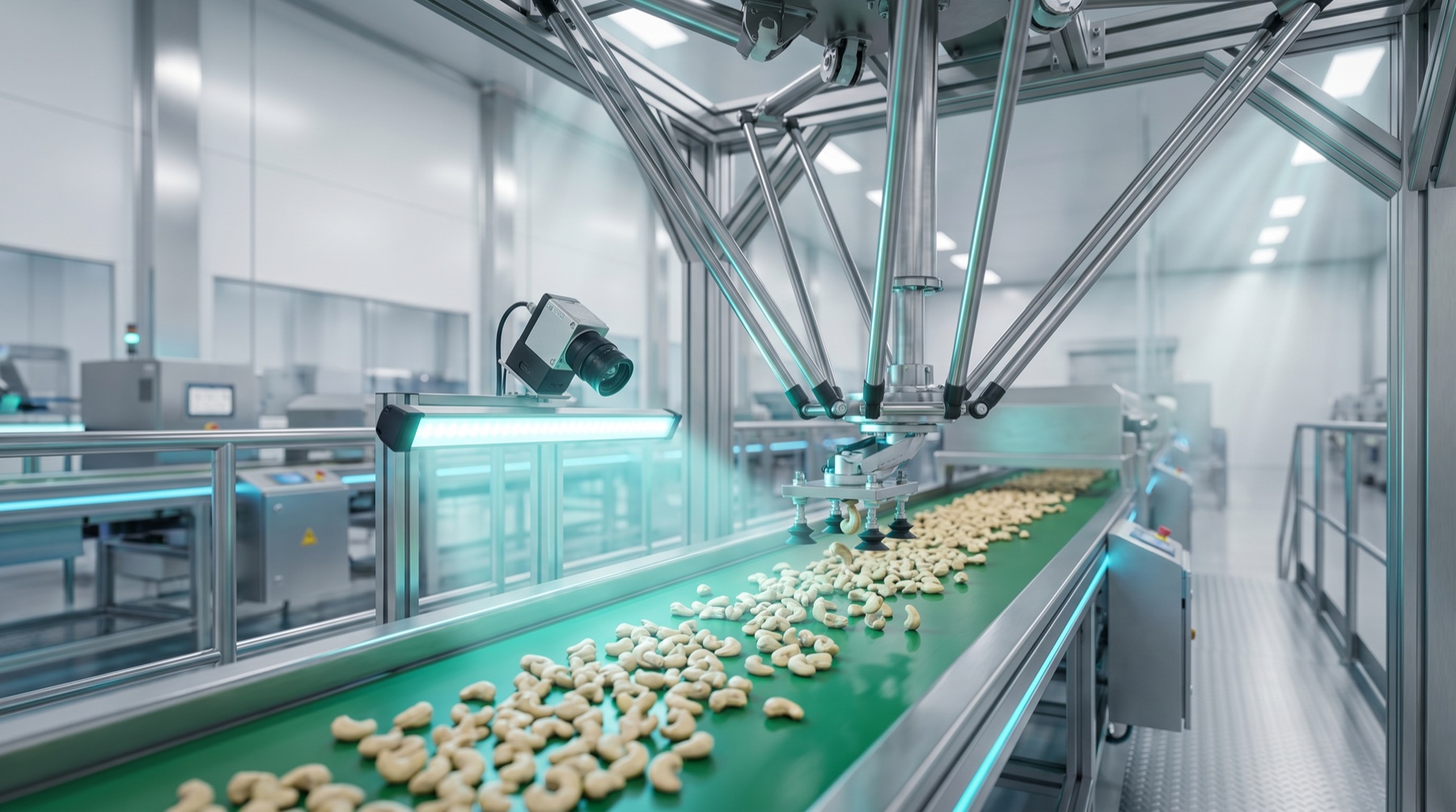 Delta robot AI sorting cell picking cashew kernels on a conveyor