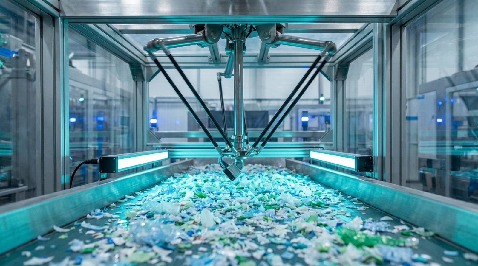 AI robotic sorter over a stream of mixed plastic flakes
