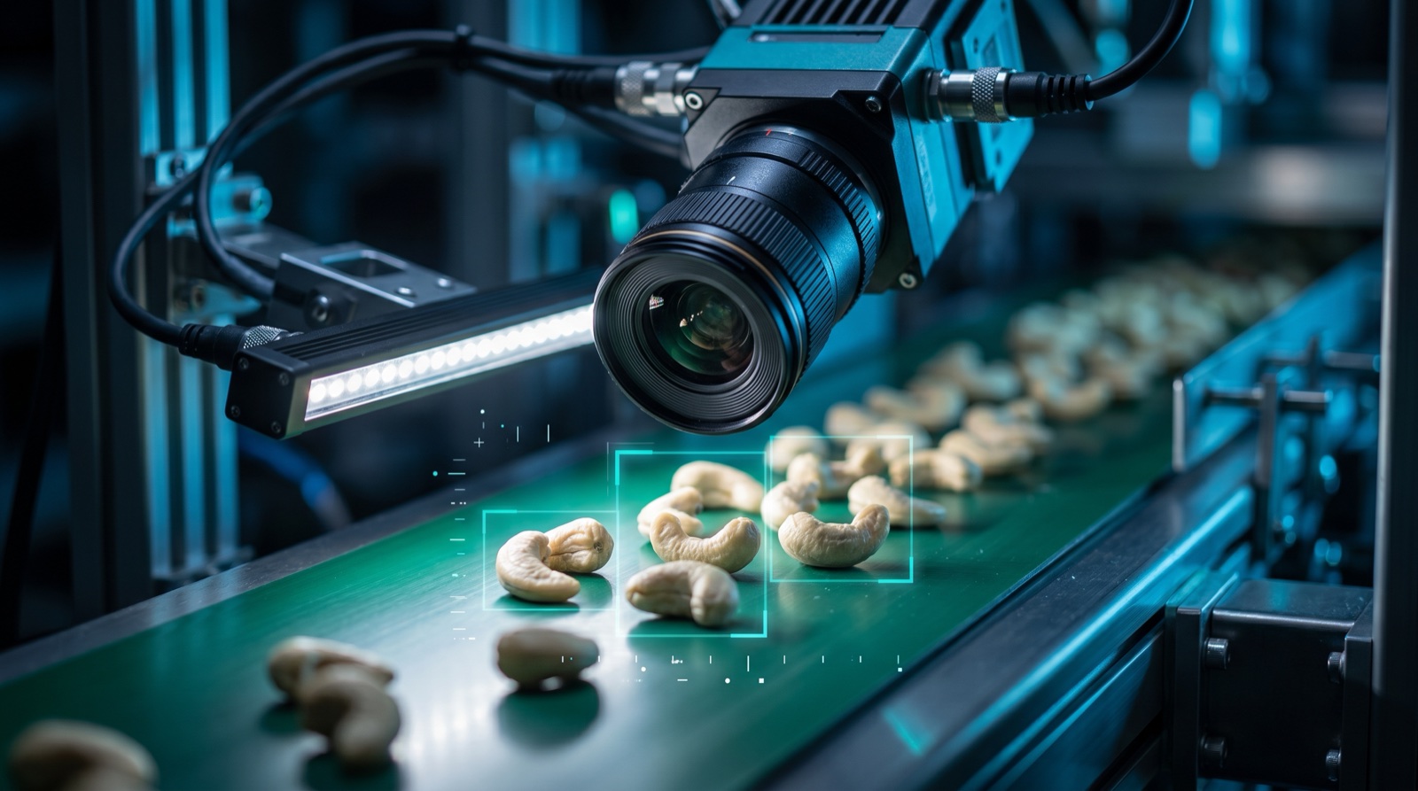 AI camera scanning cashew kernels on a belt